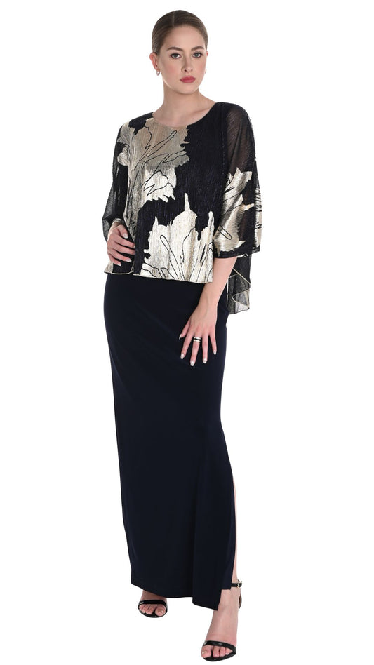 Chiffon Gold & Navy Overlay Gown. Style FL258325