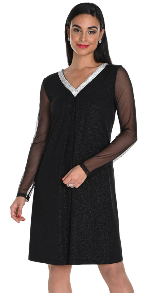 Sheer Sleeve Rhinestone V-Neck Dress. Style FL249181