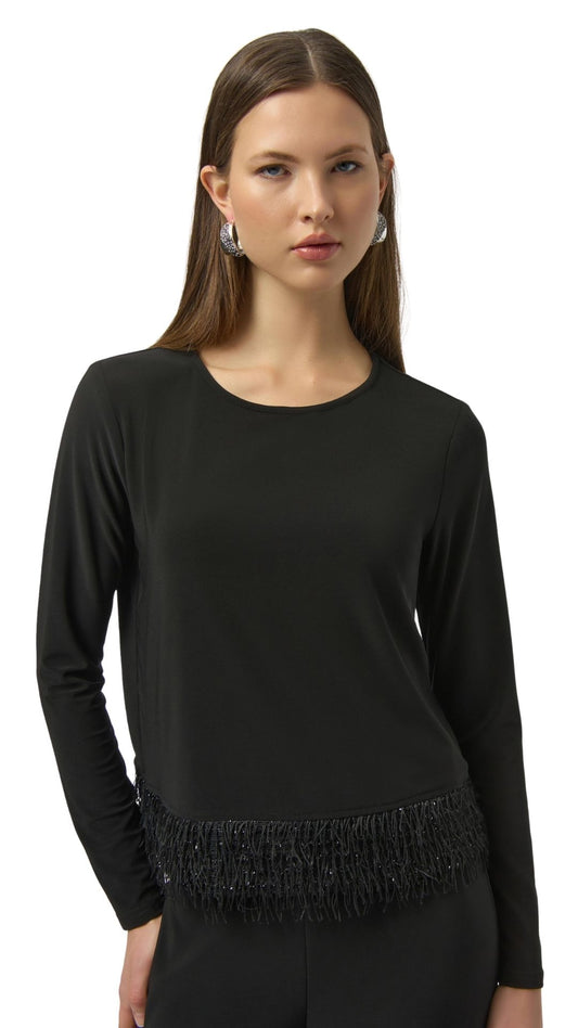 Novelty Fringe Hem Silky Knit Top. Style JR254148