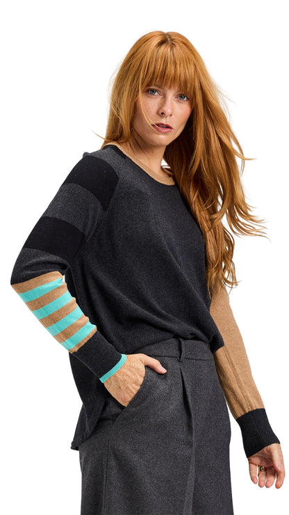 Daisy Arm & Stripped Arm Knit Sweater. Style ZKP7541U