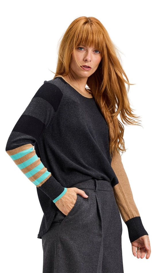 Daisy Arm & Stripped Arm Knit Sweater. Style ZKP7541U