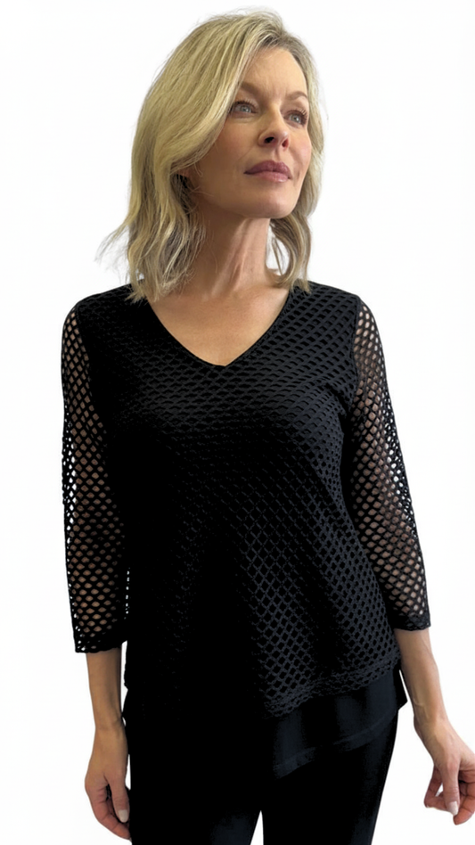 Fishnet Layer V-Neck 3/4 Sleeve Top. Style SW202316