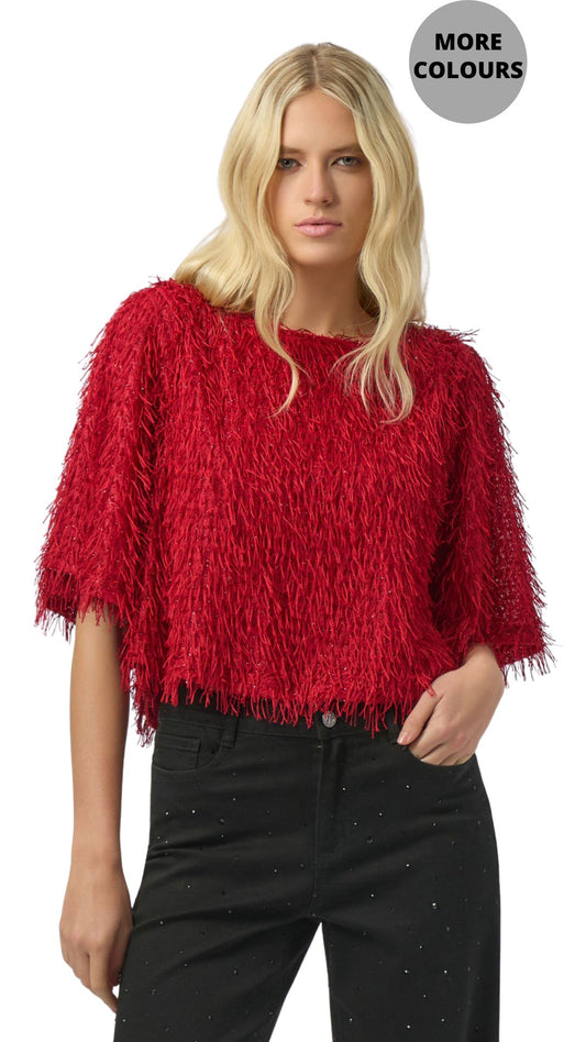 Red Eyelash Fringe Boxy Top. Style JR254105