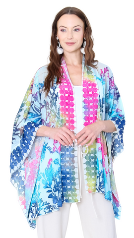 Blue, Pink & Yellow Frayed Floral Cover Up. Style CAT12302-S