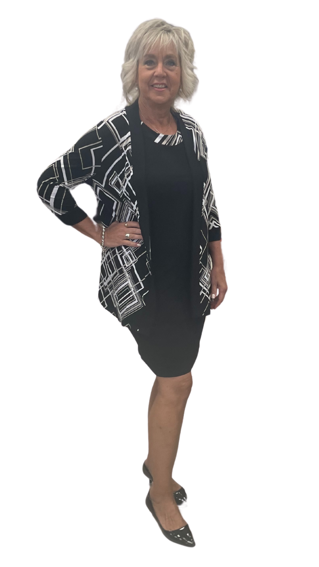 Petite Pattern Cardigan with Solid Black Dress. Style SW208205DP