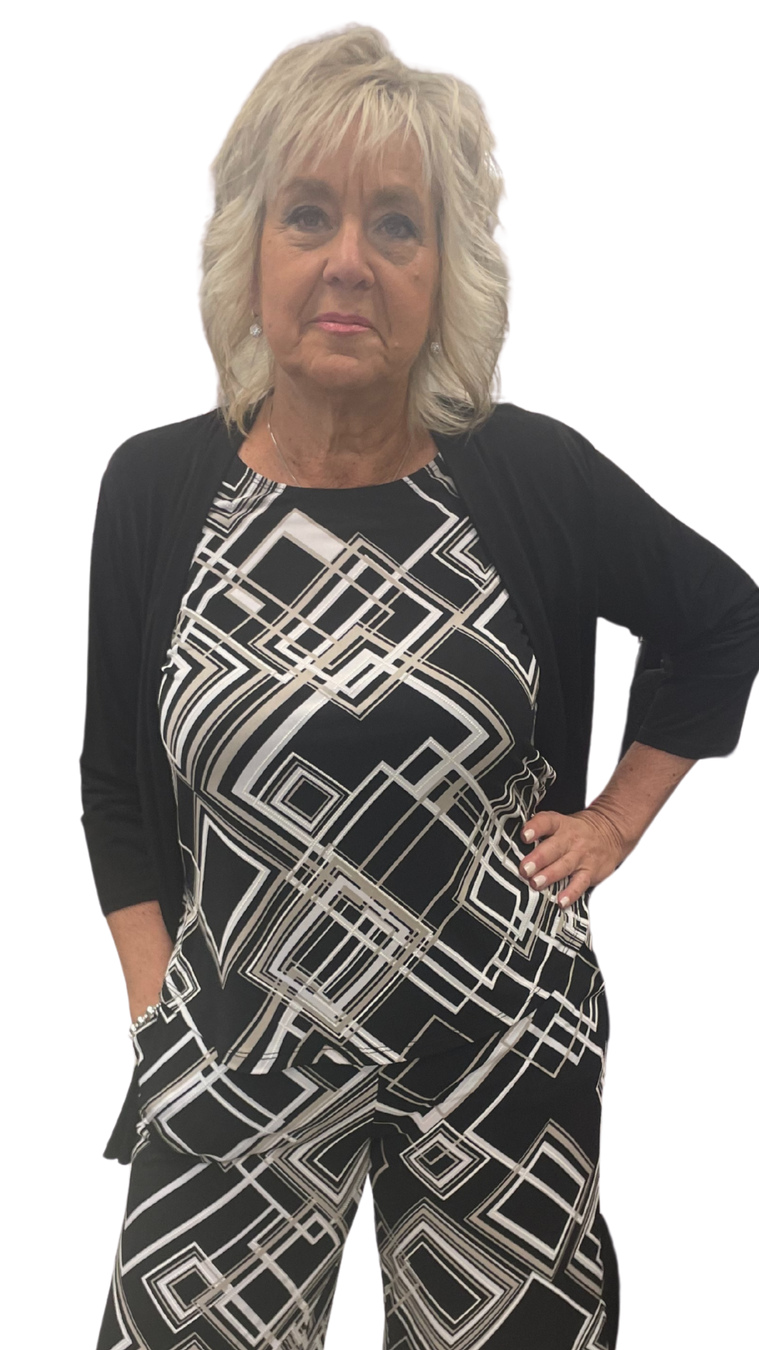 Petite Solid Black Open Front Cardigan. Style SW81200P