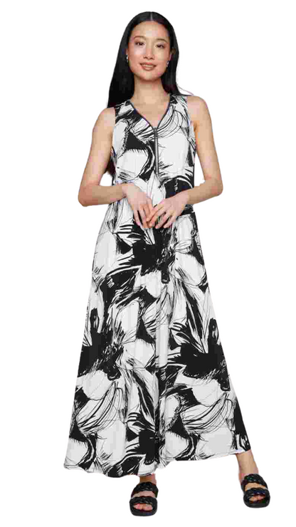 Black & White Floral Sleeveless Maxi Length Dress. Style CK33942
