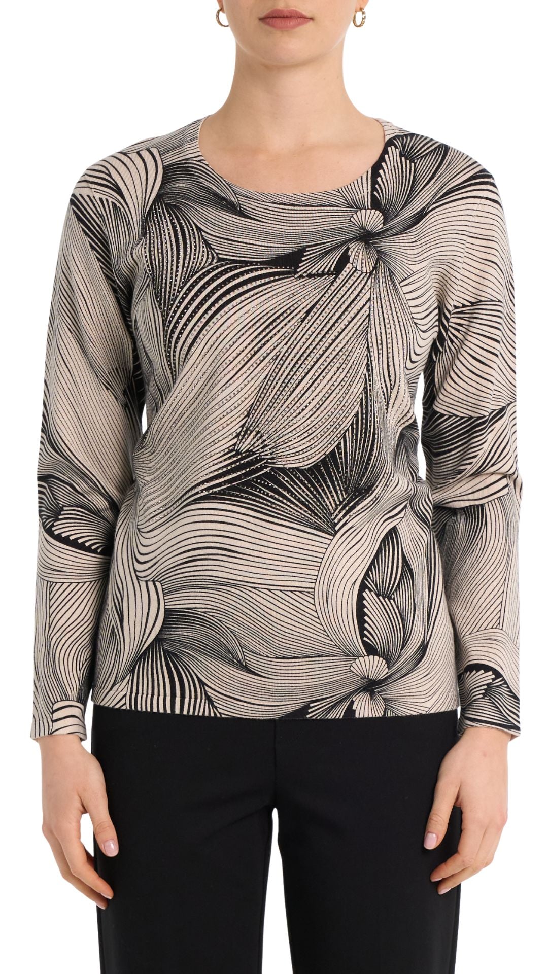 Floral Print & Rhinestones Long Sleeve Top. Style MITA013