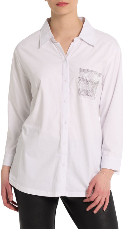 Button Front Rhinestone Pocket Shirt. Style MIKBL2420