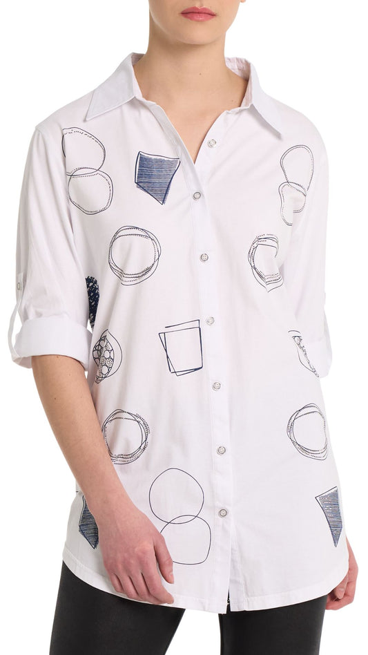 Shape Print & Rhinestone Details Button Front Top. Style MIKBL26