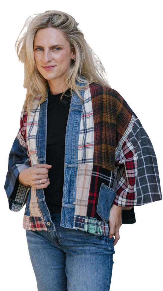 Short Patchwork Flannel Lodge Cardigan. Style SHNP5573