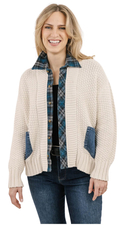 Denim Pockets & Flannel Strip Cardigan. Style SHNP5592