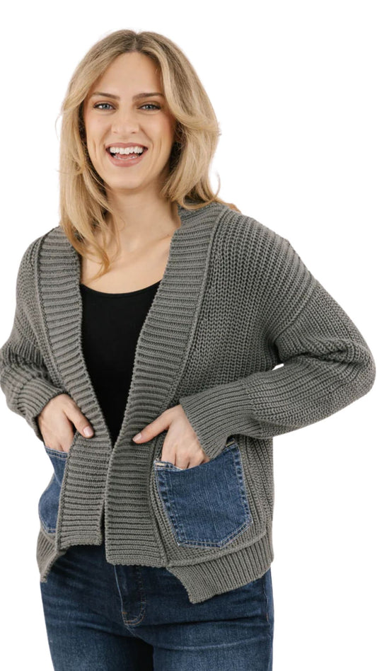 Open Front Denim Pockets Band Cardigan. Style SHNP5323
