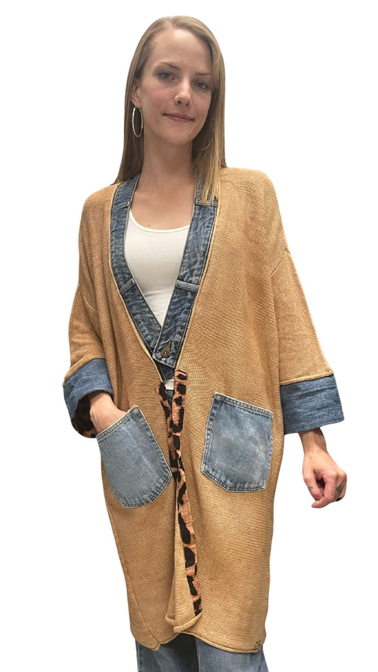 Denim Neckline Cheetah Accent Cardigan. Style SHNP5567