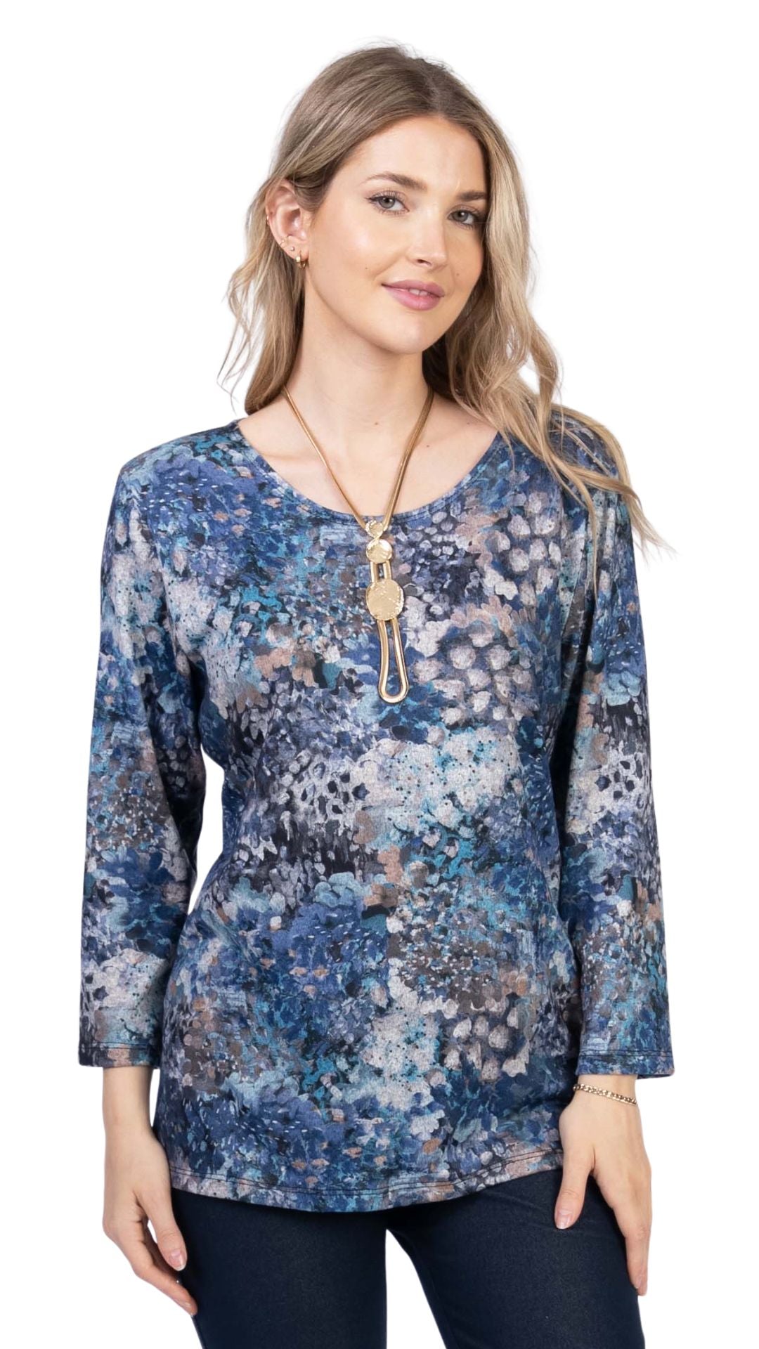 3/4 Sleeve Round Neck Blue Tones Top. Style JDA4251-14