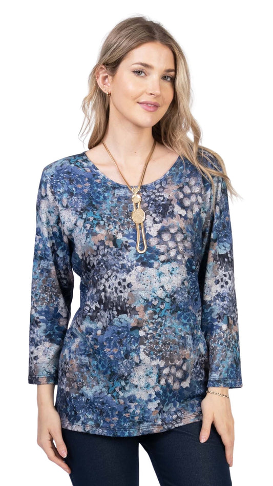 3/4 Sleeve Round Neck Blue Tones Top. Style JDA4251-14