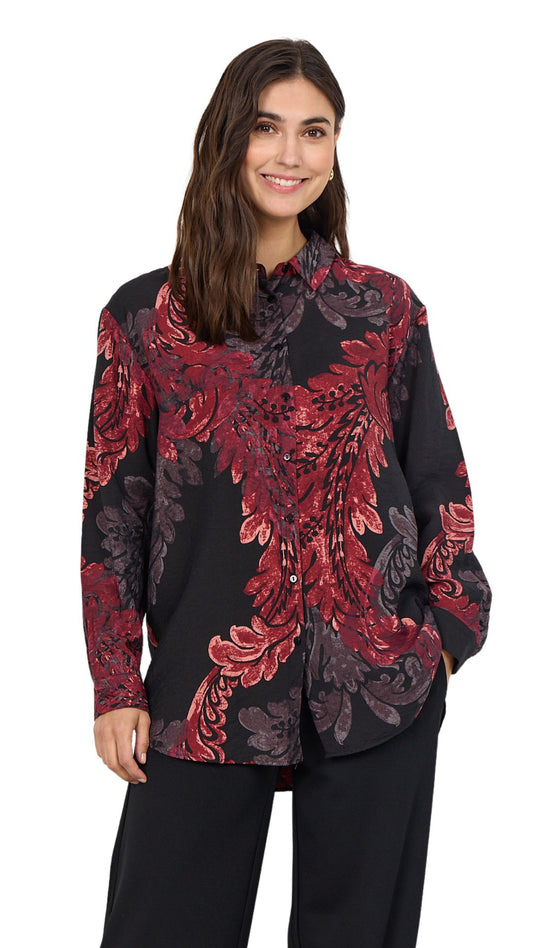 Button Front Red & Black Abstract Print Top. Style SOYA4F41395