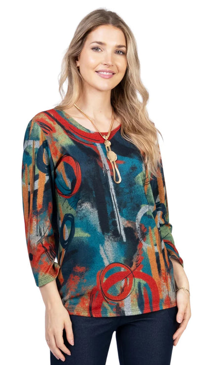 Petite 3/4 Sleeve Abstract Print Top. Style JDA4251-P2