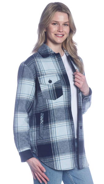 Button Front Plaid Shacket in Black/White or Blue/Navy. Style COTLJ-300F
