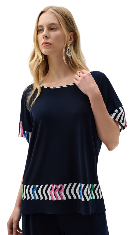 SIlky Knit And Woven Stripe Print Boxy Top. Style JR262121