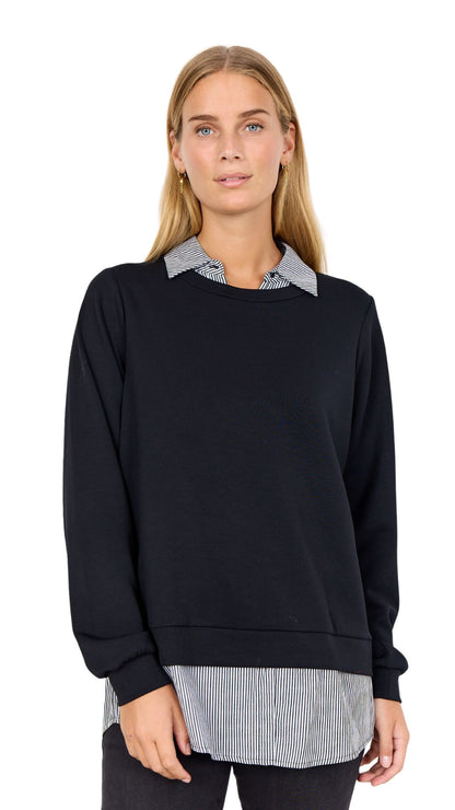 Striped & Black Long Sleeve Collar Layered Top. Style SOYA4F27274