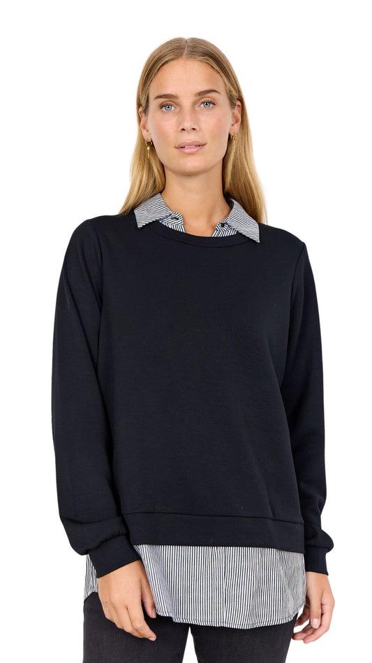 Striped & Black Long Sleeve Collar Layered Top. Style SOYA4F27274
