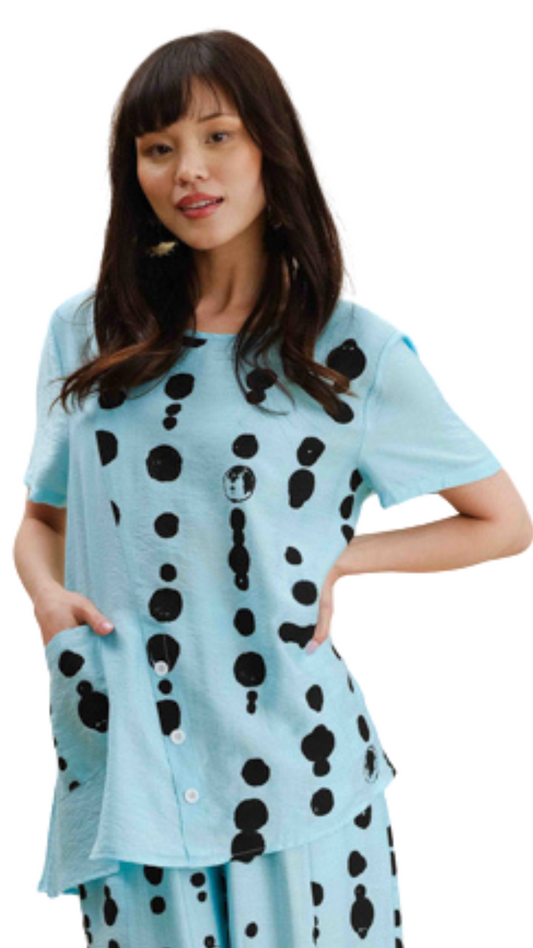 Aqua Polka Dot Short Sleeve Top. Style FS251D25
