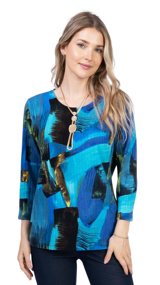 Petite 3/4 Sleeve Round Neck Abstract Print Top. Style JDA4251-P6
