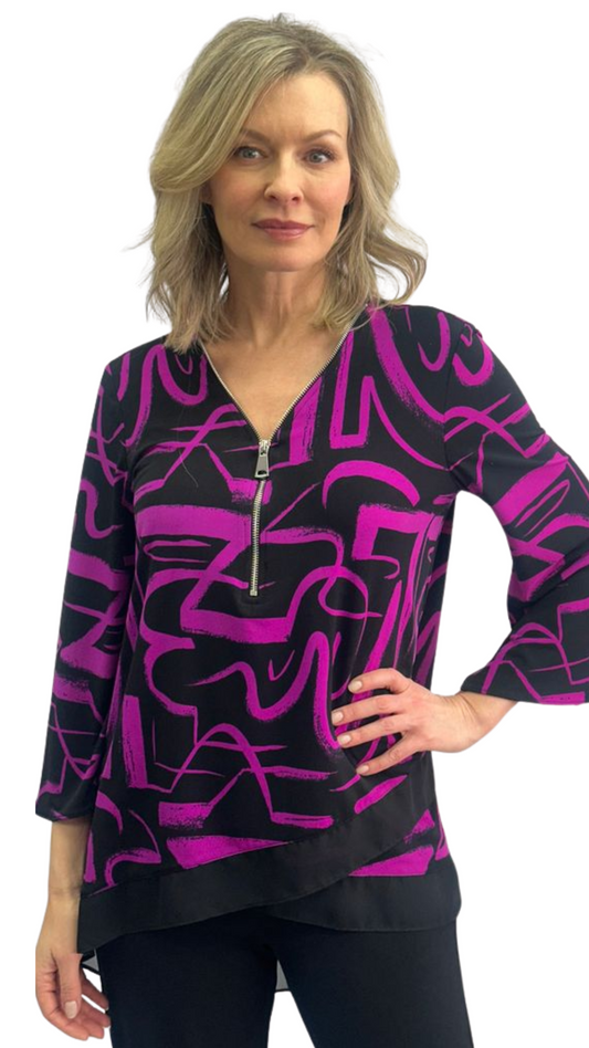 Fuchsia & Black Abstract Print Asymmetrical Bottom Hem Top. Style SW102292