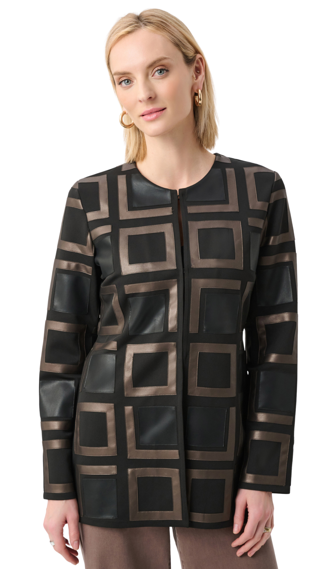 Leatherette and Scuba Collarless Two-Tone Jacket. Style JR263963