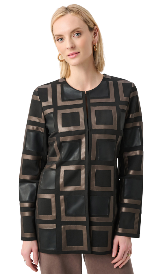 Leatherette and Scuba Collarless Two-Tone Jacket. Style JR263963