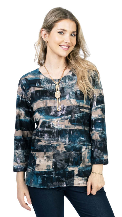 Petite Round Neck 3/4 Sleeve Abstract Print Top. Style JDA4251-P11