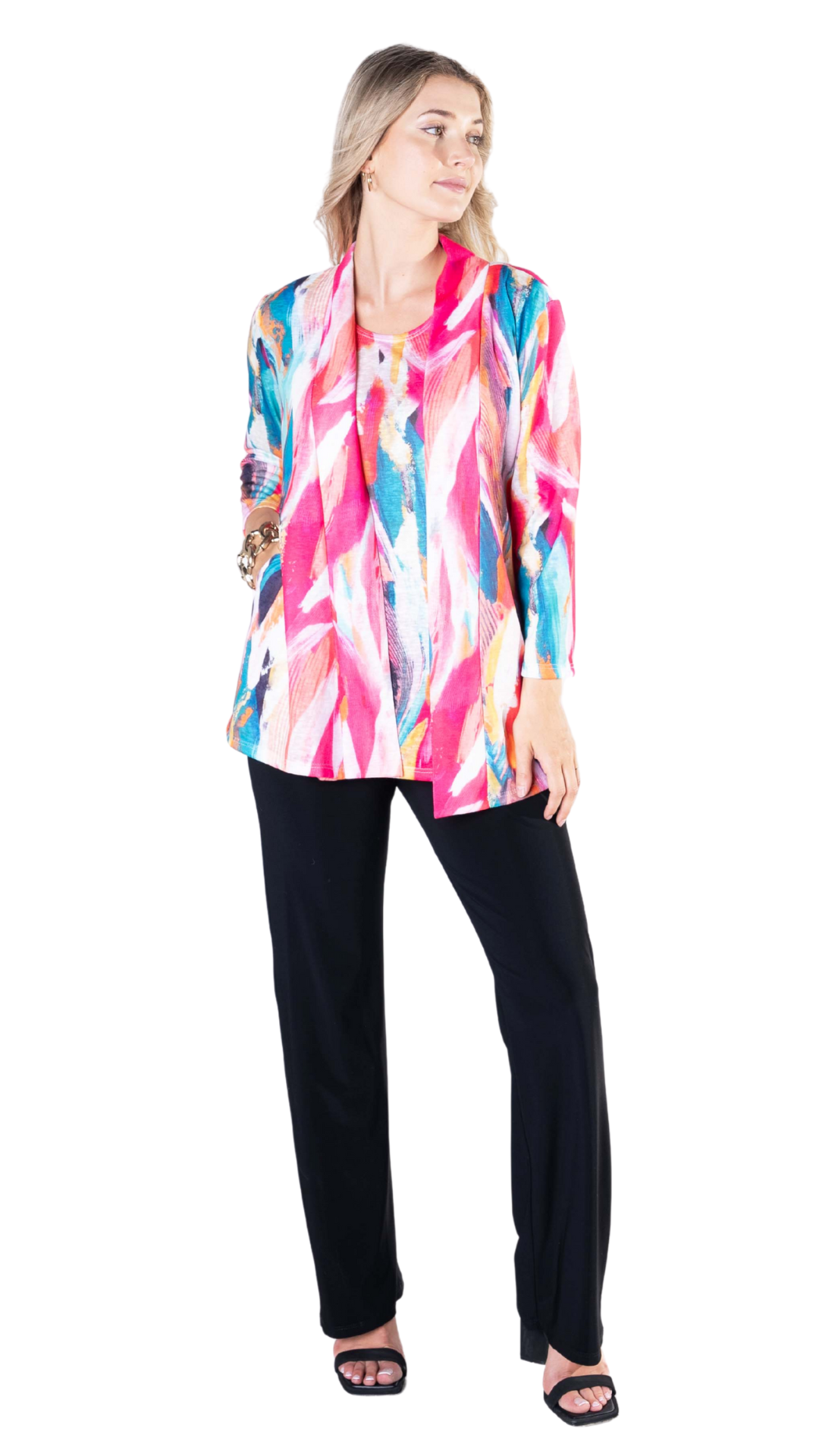 Petite Multi Colour 3/4 Sleeve Open Front Cardigan. Style JDA8040-P18