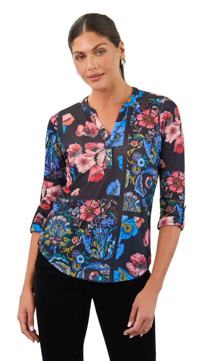 3/4 Sleeve Henley Botany Patchwork Top. Style FD3799451