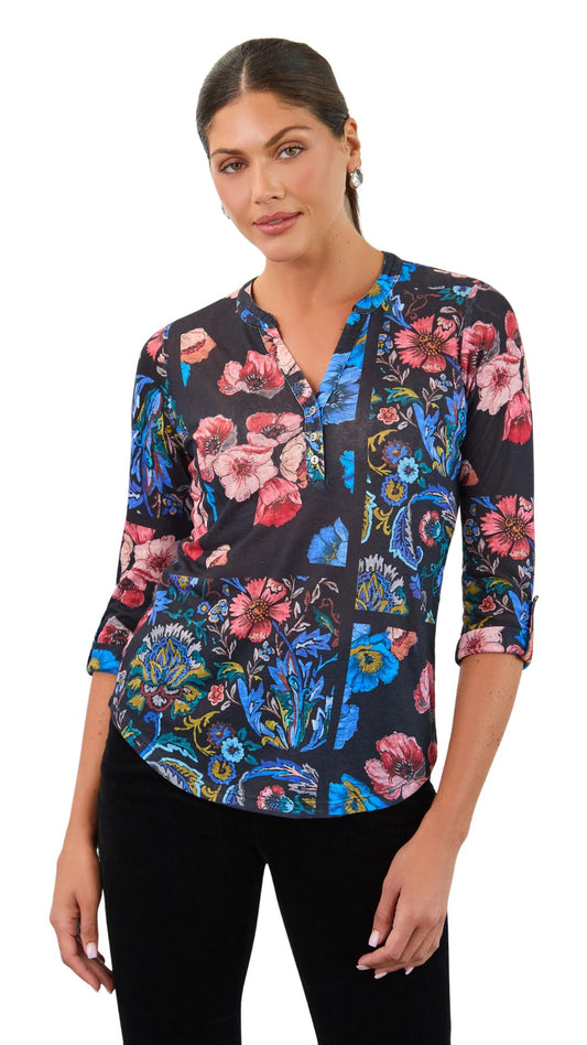 3/4 Sleeve Henley Botany Patchwork Top. Style FD3799451