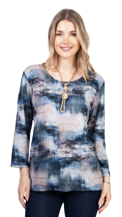 Petite Round Neck 3/4 Sleeve Blue Tones Top. Style JDA4251-P15