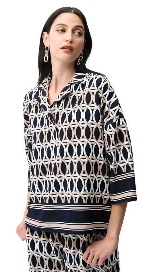 Geometric Print Boxy Shirt Collar Top. Style JR261057