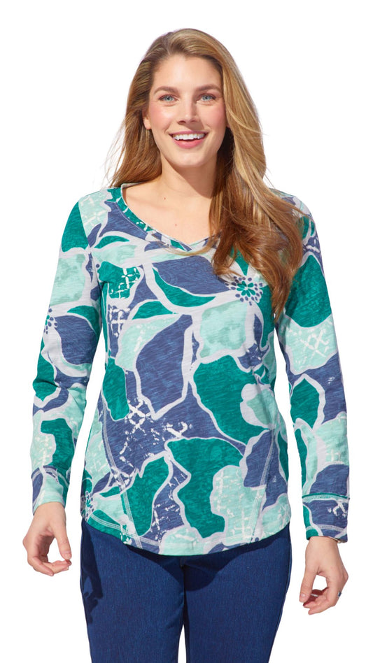 V-Neck Abstract Leaf Print Top. Style ESC17326