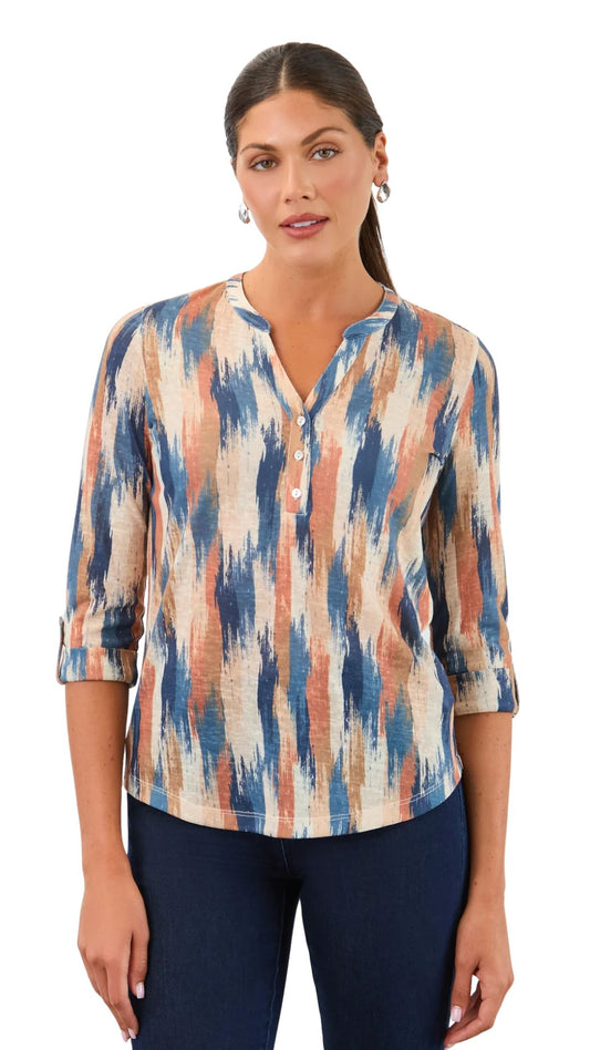 Henley 3/4 Sleeve Multi Colour Print Top. Style FD3103451
