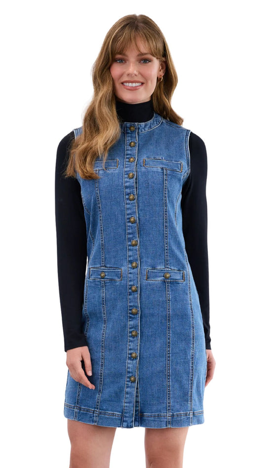 Long Button Front Denim Vest Dress. Style FD7731809