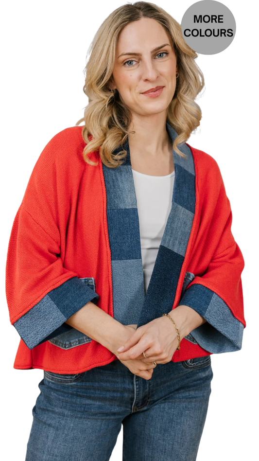 Denim Heart Applique Loose Sleeve Open Front Cardigan. Style SHNP5842