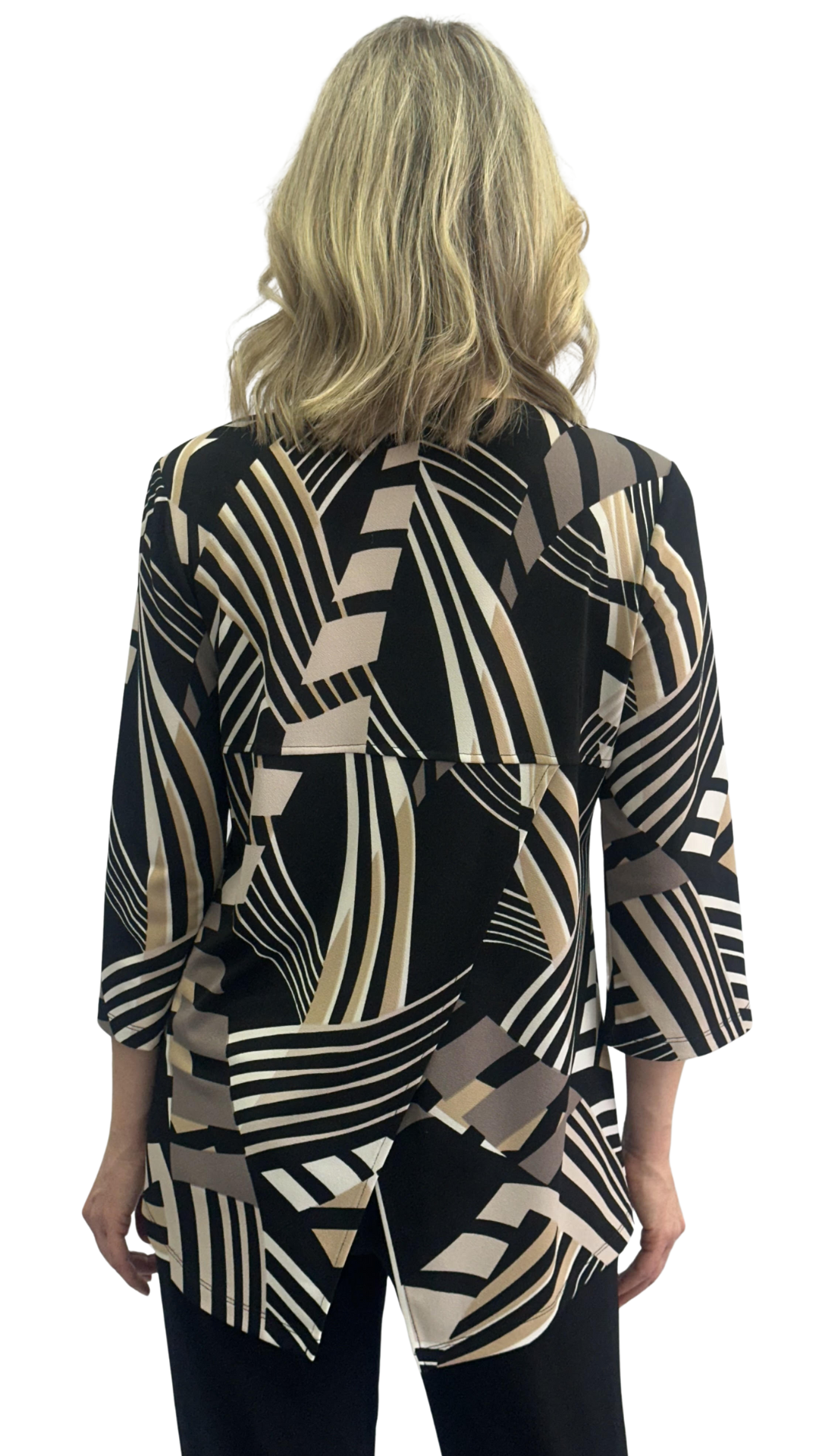 Brown & Black Abstract Print Back Slant Slit Top. Style SW102289