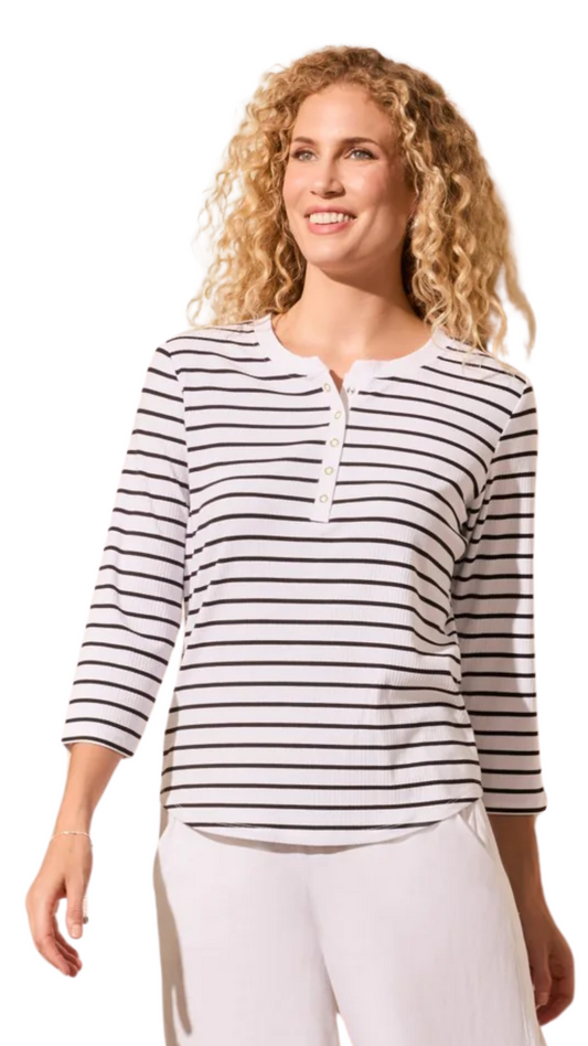 Soft Rib 3/4 Sleeve Striped Henley Top. Style TR2181O-8175