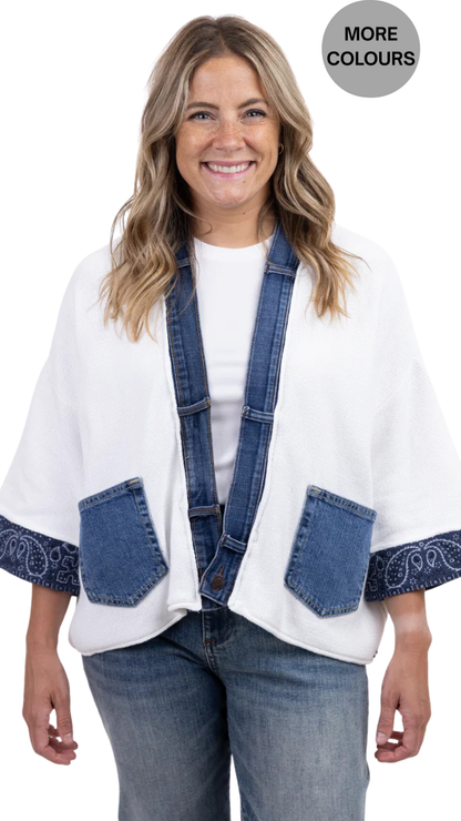 Bandana, Denim & Band Print Mix Media Cardigan. Style SHNP5845