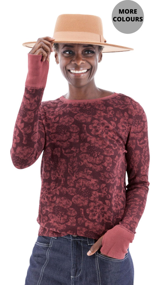 Waffle Knit Long Sleeve Floral Print Top. Style AVM21057AT
