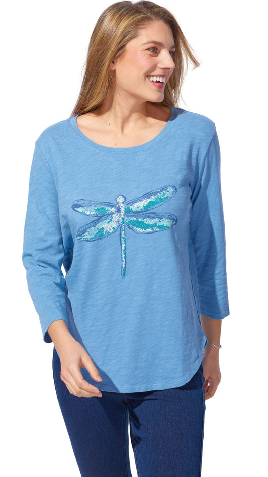 Round Neck 3/4 Sleeve Dragonfly Top. Style ESC40004