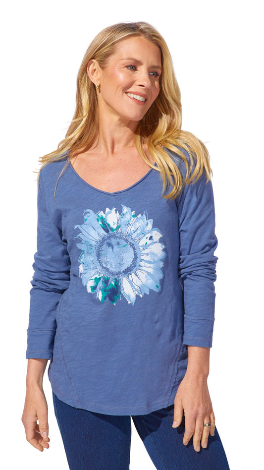 Round Neckline Long Sleeve Sunflower Top. Style ESC40626