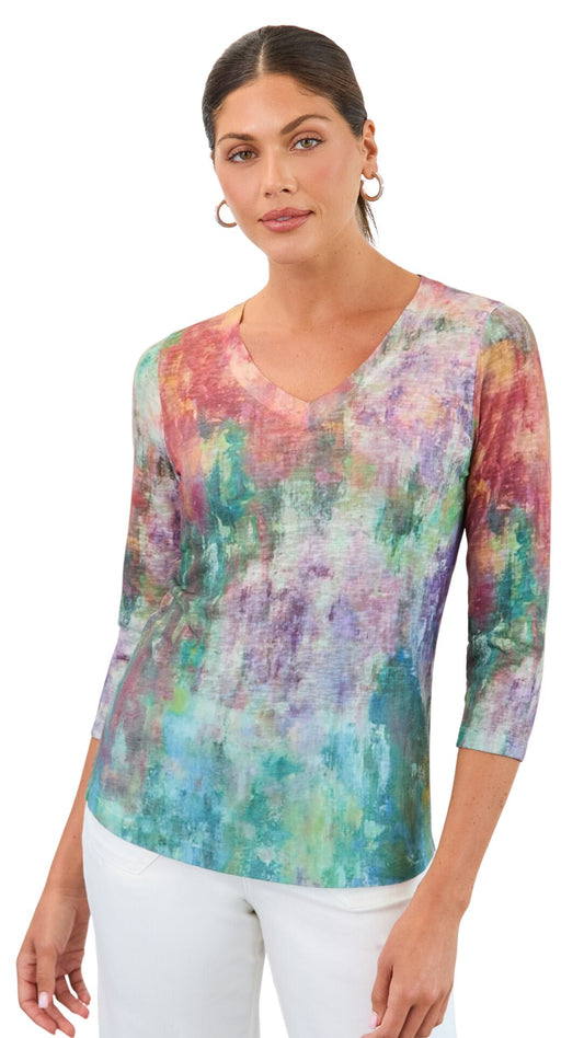 "Floral Blur" V-Neck 3/4 Sleeve Top. Style FD3139451