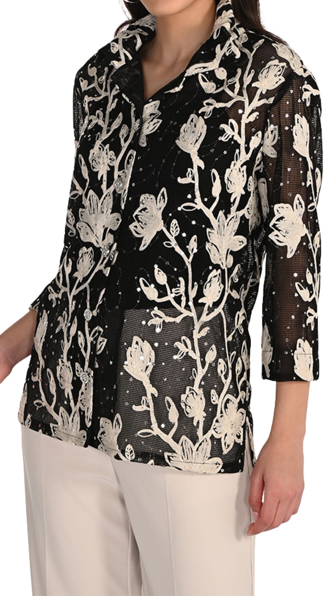 Applique & Rhinestone Floral Mesh Jacket. Style FL266205