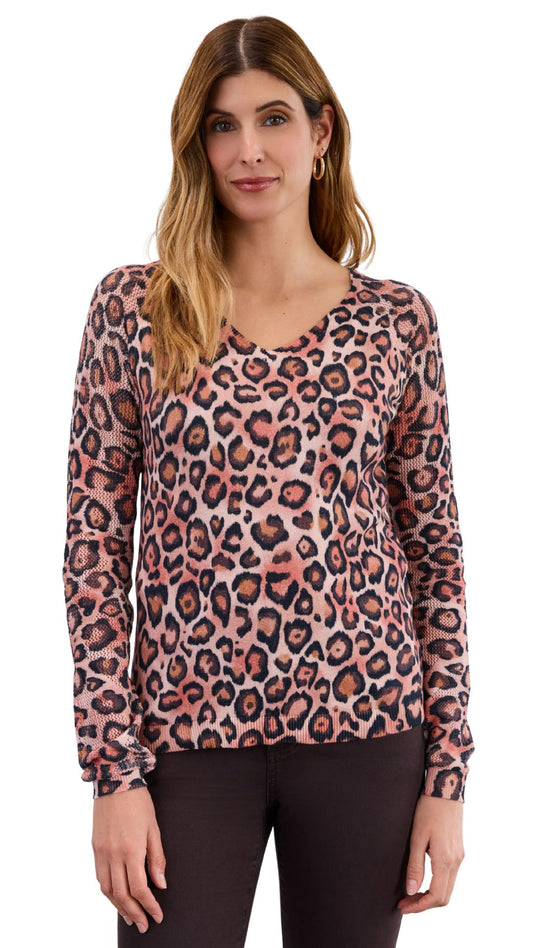Light Leopard V-Neck Pointelle-Sleeve Sweater. Style FD1542314